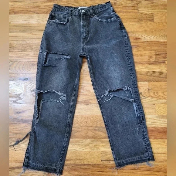 We the Free Free People Black Heavily Distressed Straight Raw Hem Mom Jeans(28) - Picture 5 of 13